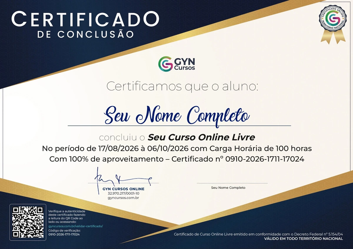 Modelo do certificado exclusivo de até 100 horas, com nome e curso de exemplo