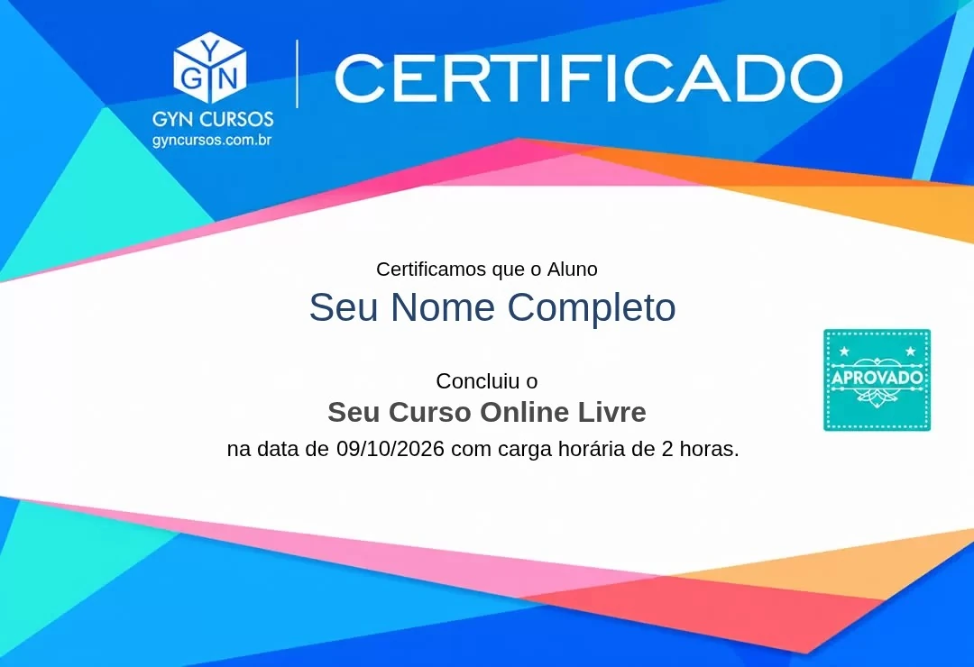 Modelo do certificado gratuito, com nome e curso de exemplo